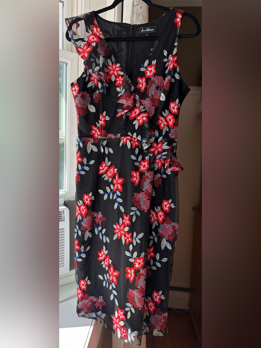 Sam Edelman Floral Black V-Neck Special Occasion Sleeveless Dress Embroidery Sz8